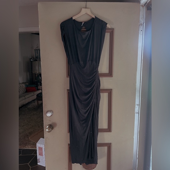 Draped & Cinched Cascading High-Leg Slit Long Black Dress w/ a High Neck - Picture 3 of 5